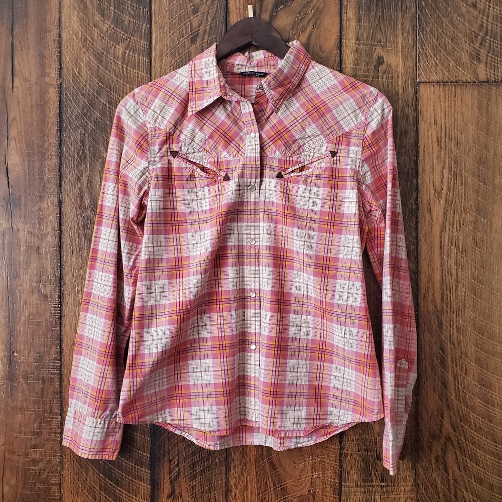 American Eagle y2k western plaid pearl snap medium yellow/pink
